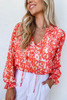 Red Floral Ruffled Notched V-Neck Blouse