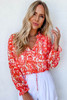 Red Floral Ruffled Notched V-Neck Blouse