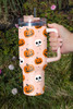 Orange Halloween Pumpkin Skull Print Handle Straw Tumbler