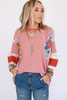 Red Pinstriped Color Block Patchwork Oversized Top