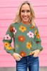 Green Sweet Flower Knitted Ribbed Hem Sweater