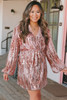 Pink Sequin Bubble Sleeves Short Wrap Dress