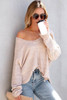 Pink Waffled Knit Long Sleeve V-Neck Frayed Top