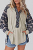 Blue Floral Plaid Mixed Print Bishop Sleeve Patchwork Top