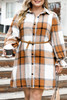 Khaki Plus Size Plaid Flounce Sleeve Button up Shirt Dress