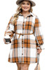 Khaki Plus Size Plaid Flounce Sleeve Button up Shirt Dress