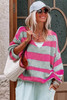 Rose Striped Colorblock Knit V Neck Loose Fit Sweater