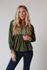 Green Embroidered Split Neck Pleated Loose Blouse