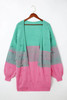 Rose Pompom Color Block Open Front Cardigan