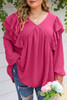 Pink Crinkle Ruffled V Neck Plus Size Blouse Pink Crinkle Ruffled V Neck Plus Size Blouse