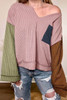 Pink Colorblock Rib Textured Loose Long Sleeve Top