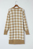 Khaki Plaid Pattern Ribbed Trim Long Cardigan