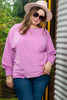 Pink Plus Size Exposed Seam Terry Long Sleeve Top