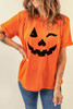 Orange Halloween Pumpkin Face Print Crew Neck T Shirt