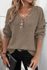 Khaki Pointelle Knit Button V Neck Drop Shoulder Sweater