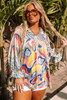 Multicolour Abstract Print Drawstring V Neck Plus Size Blouse