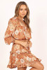 Camel Lace up Split Neck Tunic Floral Dress