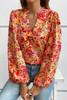 Grapefruit Orange Frilled Split Neck Bubble Sleeve Floral Blouse