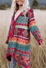 Rose Boho Aztec Knitted Pom Pom Tie Hooded Cardigan