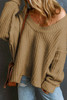 Khaki Ribbed Knit Round Neck Slouchy Chunky Sweater