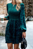 Green Velvet Smocked Puff Sleeve Ruffle Mini Dress