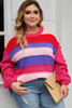 Pink Plus Size Striped Knit Pompom Puff Sleeve Sweater Pink Plus Size Striped Knit Pompom Puff Sleeve Sweater