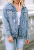 Sky Blue Rhinestone Fringed Pocket Buttoned Hooded Denim Jacket