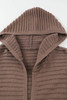 Brown Horizontal Rib Knitted Open Front Hooded Cardigan