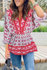 Red Geometric Print 3/4 Sleeve V-Neck Shirred Waist Flared Blouse