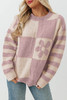 Orchid Petal Checkered Floral Print Striped Sleeve Sweater