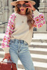 Rose Crochet Puff Sleeve Contrast Knit Sweater