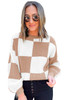 Checkered Ribbed Knit Puff Sleeve Sweater