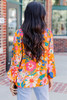 Carrot Floral Print Buttons Front Bubble Sleeve Shirt