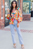 Carrot Floral Print Buttons Front Bubble Sleeve Shirt