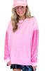 Pink Sequin Patchwork Long Sleeve Pullover Top