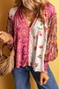 Multicolor Floral Patchwork Shirred Cuff Buttoned V Neck Blouse Multicolor Floral Patchwork Shirred Cuff Buttoned V Neck Blouse