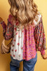Multicolor Floral Patchwork Shirred Cuff Buttoned V Neck Blouse Multicolor Floral Patchwork Shirred Cuff Buttoned V Neck Blouse