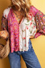 Multicolor Floral Patchwork Shirred Cuff Buttoned V Neck Blouse Multicolor Floral Patchwork Shirred Cuff Buttoned V Neck Blouse