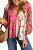 Multicolor Floral Patchwork Shirred Cuff Buttoned V Neck Blouse Multicolor Floral Patchwork Shirred Cuff Buttoned V Neck Blouse