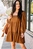 Chestnut Square Neck Puff Sleeve Tiered Corduroy Mini Dress