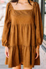 Chestnut Square Neck Puff Sleeve Tiered Corduroy Mini Dress