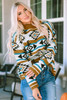 Brown Aztec Striped Knit Ribbed Trim Sweater