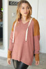 Brown Waffle Knit Patchwork Drawstring V Neck Hoodie