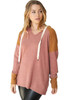 Brown Waffle Knit Patchwork Drawstring V Neck Hoodie