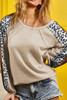 Beige Waffle Leopard Print Colorblock Puff Sleeve Top