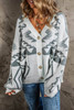 Light Grey Geometric Pattern Ribbed Trim Button-Up Cardigan