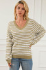 Khaki Chic Striped Knit V Neck Drop Shoulder Sweater