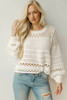 White Solid Color Pointelle Knit Puff Sleeve Sweater