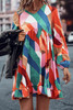 Multicolor Geometric Print Long Sleeve Ruffle Babydoll Dress