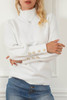 White Button Ribbed Puff Sleeve High Neck Sweater